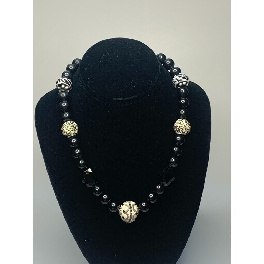 Black & White Beaded Statement Necklace, Glass Beads, 18 Length